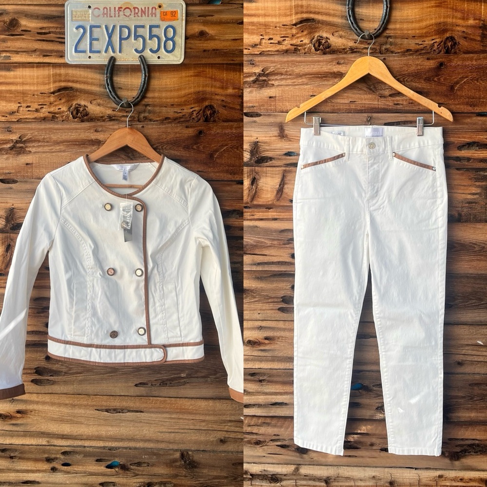 WHITE HOUSE BLACK MARKET | NWT Coated White Jacket & Pants Set with Brown Trim 6